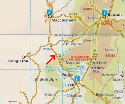 map showing location of Macclesfield and Leek